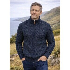 NWT Original Aran Cable Knit Wool Cardigan Sweater Blue Mens M Irish Fisherman